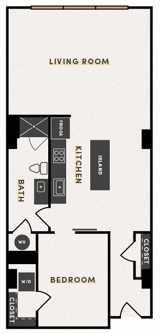Floor plan for 1 bed, 1 bath, 940 sqft